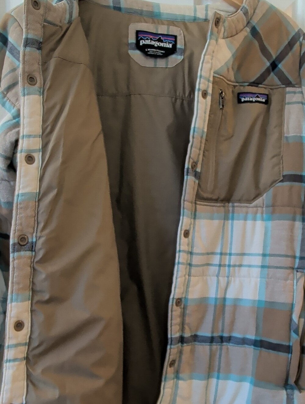 Patagonia Tan and Light Blue Plaid Button Jacket